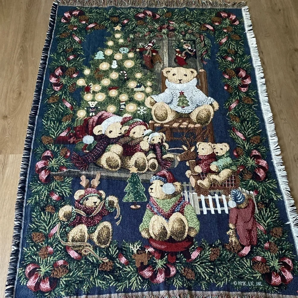 Vintage Goodwin Weavers Christmas Tree Teddy Bear Throw Woven Blanket Tapestry
